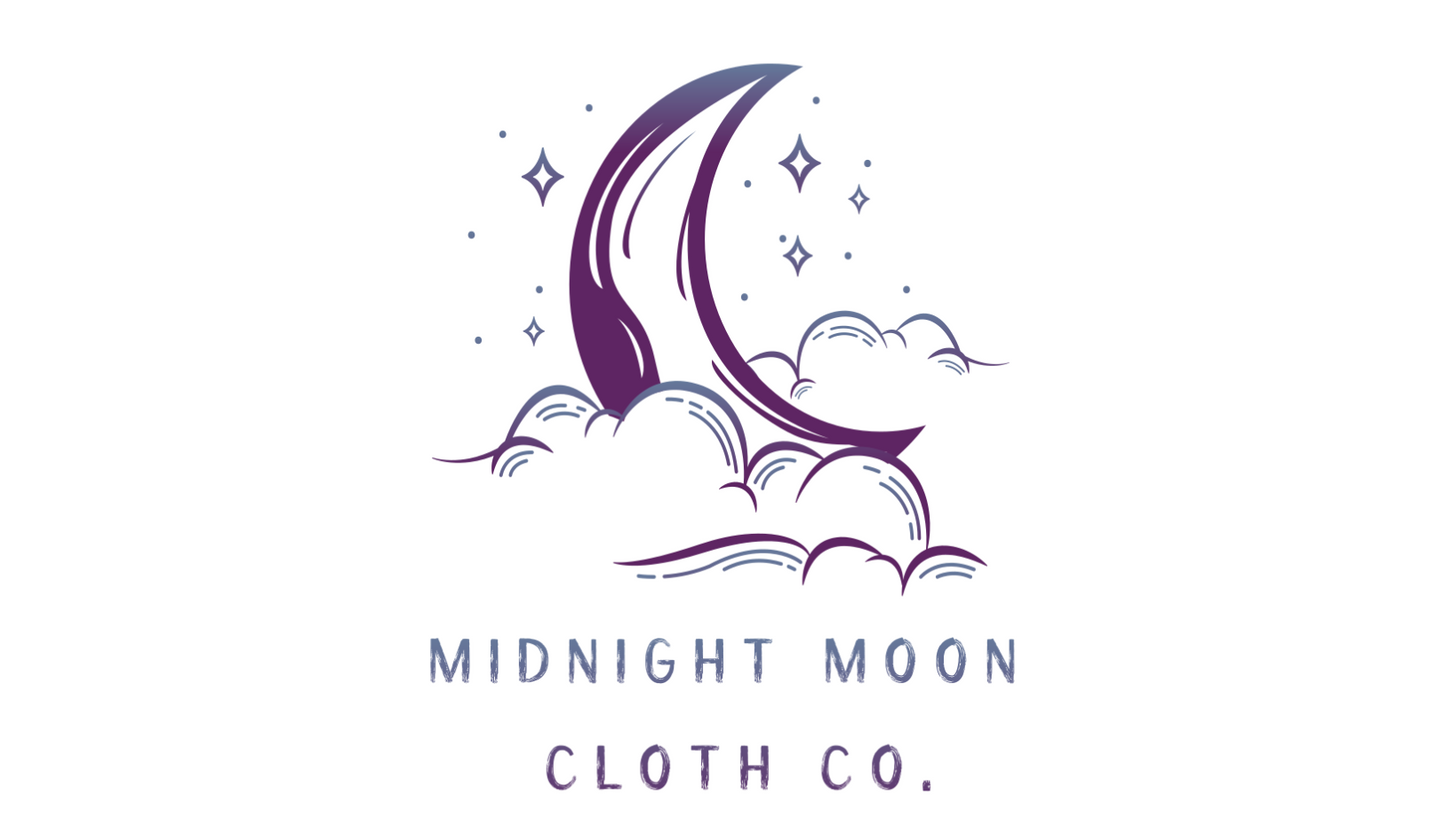 Gradient purple moon in the clouds with logo: "Midnight Moon Cloth Co."